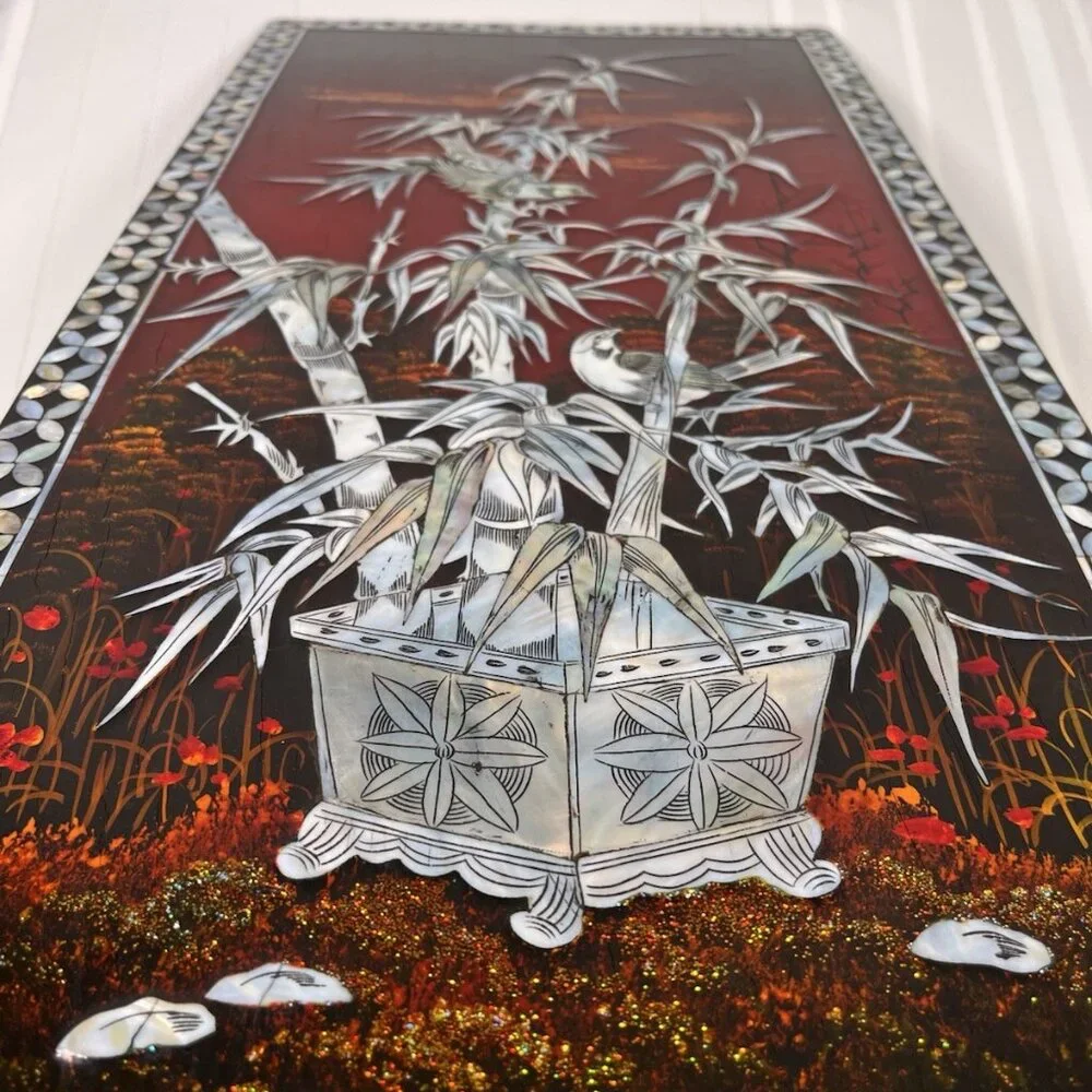 Vintage Mother of Pearl Inlay Lacquer Wall Panel Bamboo Birds Red Sunset Asian